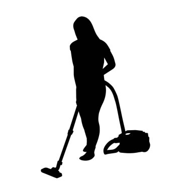 Bir kadının silueti elektrik süpürgesi kullanarak temizlik yapıyor.