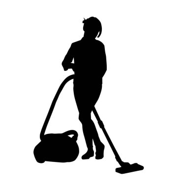 Bir kadının silueti elektrik süpürgesi kullanarak temizlik yapıyor.