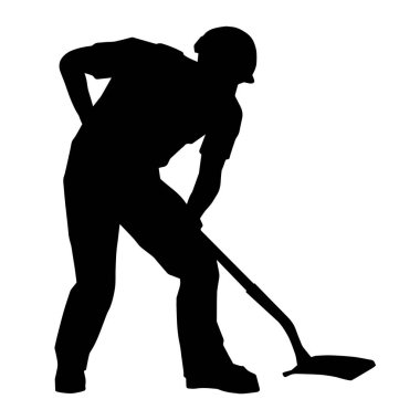 Kürek taşıyan bir işçinin silüeti. Bir işçinin hareket halindeki silueti kürek aracı kullanarak poz verir.