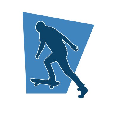 Hareket halindeki bir erkek silueti kaykay üzerinde poz veriyor. Kaykaylı bir şehir çocuğunun silueti..