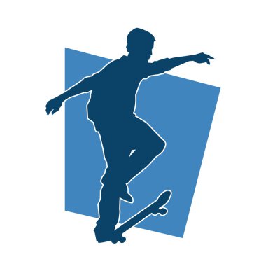 Hareket halindeki bir erkek silueti kaykay üzerinde poz veriyor. Kaykaylı bir şehir çocuğunun silueti..