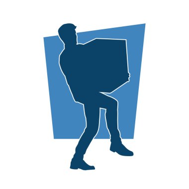 Mukavva kutuyu kaldıran bir adamın silüeti. Bir teslimat kuryesinin silüeti.