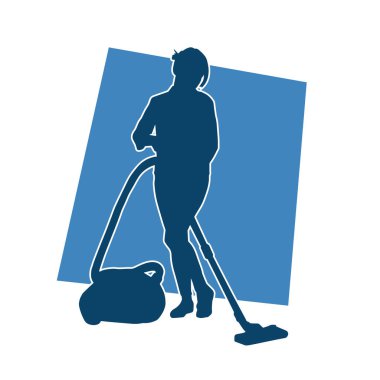 Bir kadının silueti elektrik süpürgesi kullanarak temizlik yapıyor.