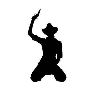 Kovboy kostümü giymiş bir kadın modelin silueti. Silah taşıyan bir kovboy kız silueti..