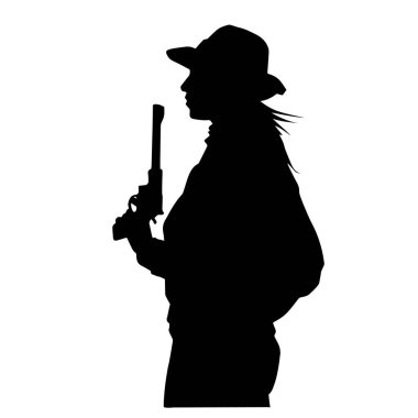 Kovboy kostümü giymiş bir kadın modelin silueti. Silah taşıyan bir kovboy kız silueti..