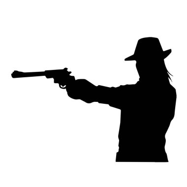 Kovboy kostümü giymiş bir kadın modelin silueti. Silah taşıyan bir kovboy kız silueti..