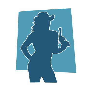 Kovboy kostümü giymiş bir kadın modelin silueti. Silah taşıyan bir kovboy kız silueti..