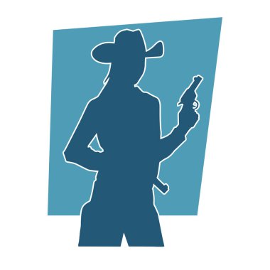 Kovboy kostümü giymiş bir kadın modelin silueti. Silah taşıyan bir kovboy kız silueti..