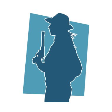 Kovboy kostümü giymiş bir kadın modelin silueti. Silah taşıyan bir kovboy kız silueti..