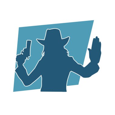 Kovboy kostümü giymiş bir kadın modelin silueti. Silah taşıyan bir kovboy kız silueti..