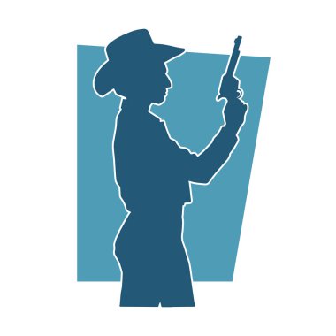 Kovboy kostümü giymiş bir kadın modelin silueti. Silah taşıyan bir kovboy kız silueti..