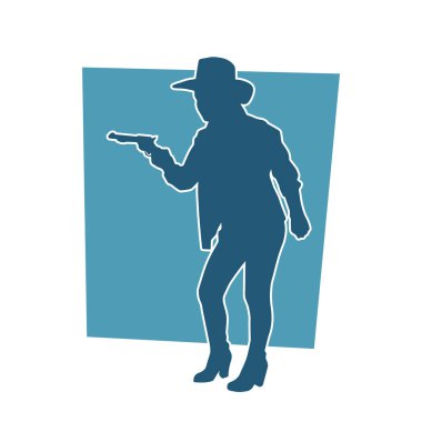 Kovboy kostümü giymiş bir kadın modelin silueti. Silah taşıyan bir kovboy kız silueti..