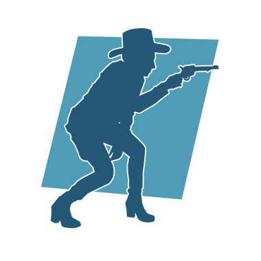 Kovboy kostümü giymiş bir kadın modelin silueti. Silah taşıyan bir kovboy kız silueti..