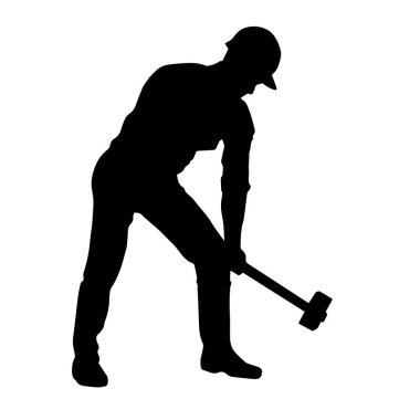 Çalışan bir işçinin silueti balyoz aletini kullanarak hareket halinde poz verir.