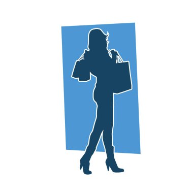 Sıska genç bir kadının silüeti alışveriş torbaları taşıyor..