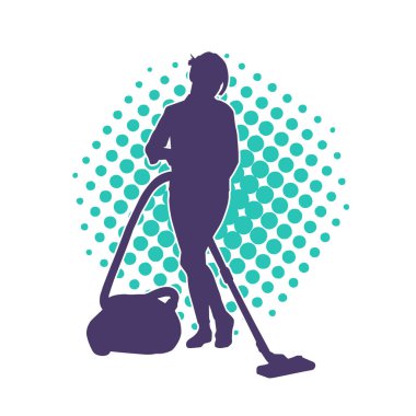 Bir kadının silueti elektrik süpürgesi kullanarak temizlik yapıyor.