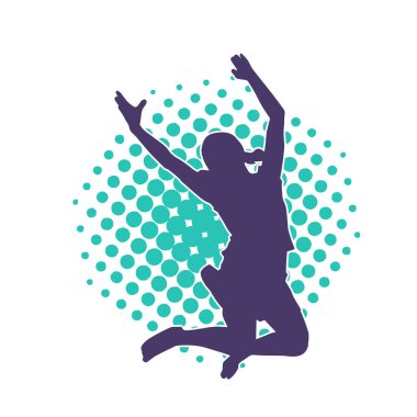 Genç bir kızın silueti atlama pozu. Zıplayan genç bir kadının silueti..