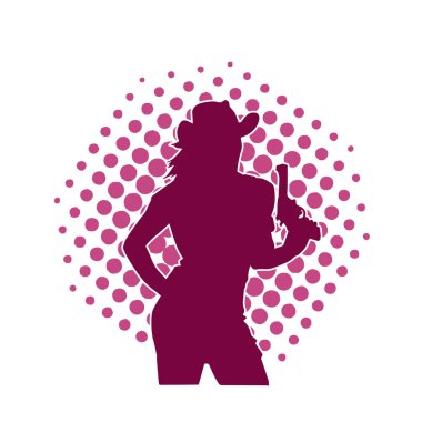 Kovboy kostümü giymiş bir kadın modelin silueti. Silah taşıyan bir kovboy kız silueti..