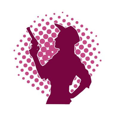 Kovboy kostümü giymiş bir kadın modelin silueti. Silah taşıyan bir kovboy kız silueti..