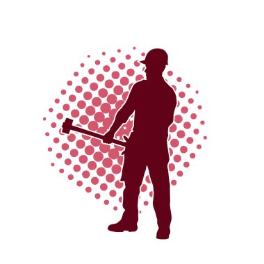 Çalışan bir işçinin silueti balyoz aletini kullanarak hareket halinde poz verir.