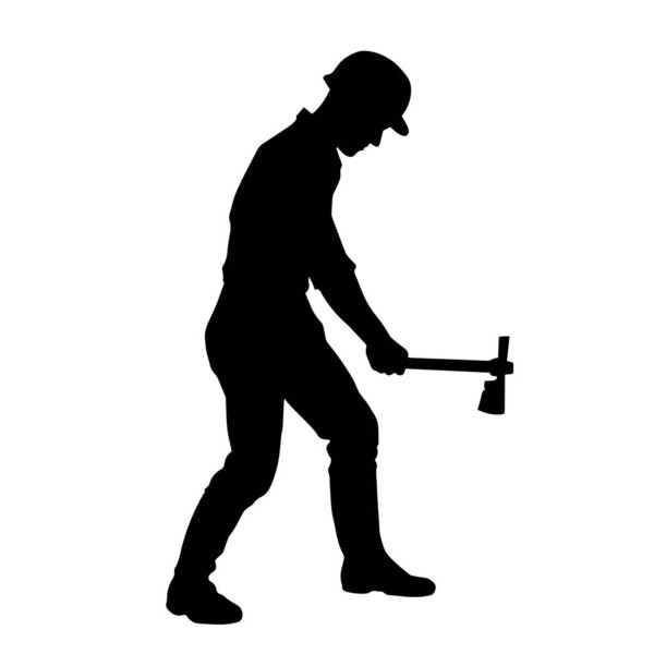 Silhouette of a worker in action pose using his axe tool.