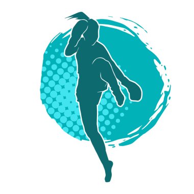 Hareketli kadın kickboksör atletinin silueti. Tekme atan bir kadının silueti..