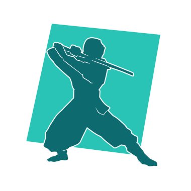 Ninja kostümlü bir erkeğin silueti Samuray Katana kılıcı taşıyor..