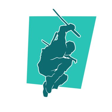 Ninja kostümlü bir erkeğin silueti Samuray Katana kılıcı taşıyor..