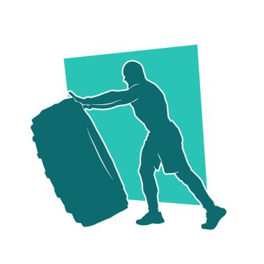Kaslı bir erkeğin silueti büyük bir lastik kullanarak çapraz formda egzersiz yapıyor. Büyük bir lastiği kaldıran spor bir adamın silüeti..