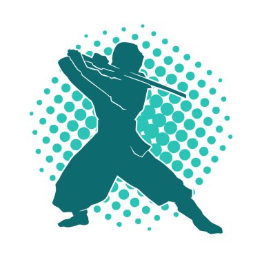 Ninja kostümlü bir erkeğin silueti Samuray Katana kılıcı taşıyor..