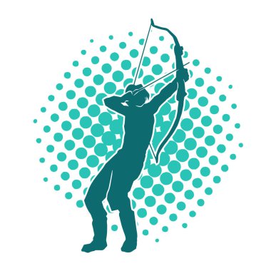 Hareketli erkek okçu savaşçısının silueti. Okçuluk silahı taşıyan bir adamın silueti..