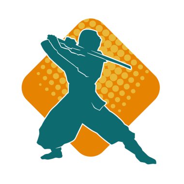 Ninja kostümlü bir erkeğin silueti Samuray Katana kılıcı taşıyor..