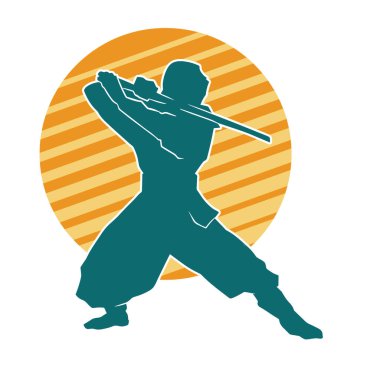 Silhouette of a male in ninja costume in action pose carrying samurai katana sword weapon. clipart