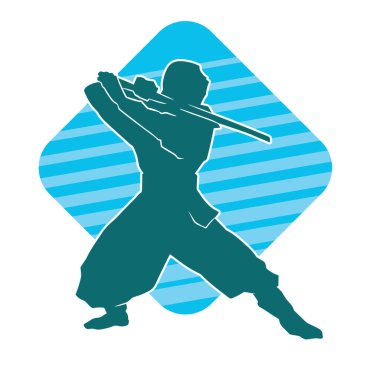 Ninja kostümlü bir erkeğin silueti Samuray Katana kılıcı taşıyor..