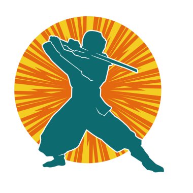 Ninja kostümlü bir erkeğin silueti Samuray Katana kılıcı taşıyor..