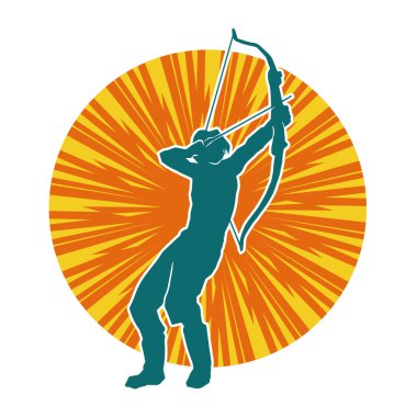 Hareketli erkek okçu savaşçısının silueti. Okçuluk silahı taşıyan bir adamın silueti..