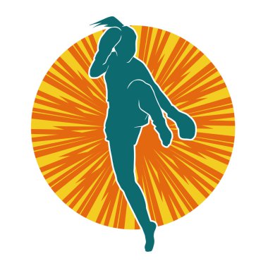Hareketli kadın kickboksör atletinin silueti. Tekme atan bir kadının silueti..
