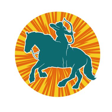 Eski bir süvari askerinin silueti okçuluk silahına nişan alıyor. Koşan atında bir okçunun silüeti..