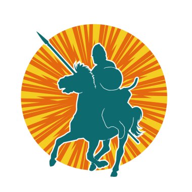 Mızrak taşıyan eski bir süvari askerinin silueti. Koşan atına zırh giymiş bir savaşçının silueti..