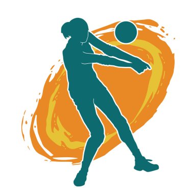 Hareketli bir kadın voleybol oyuncusunun silueti. Voleybol oynayan bir kadının silueti..