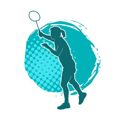 Badminton sporu yapan zayıf bir bayan sporcunun silueti. Bir kadın badminton oyuncusunun silueti..
