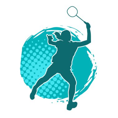 Badminton sporu yapan zayıf bir bayan sporcunun silueti. Bir kadın badminton oyuncusunun silueti..