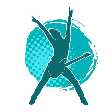 Elektro gitar çalan bir müzisyenin silueti. Bir erkek gitaristin silueti.