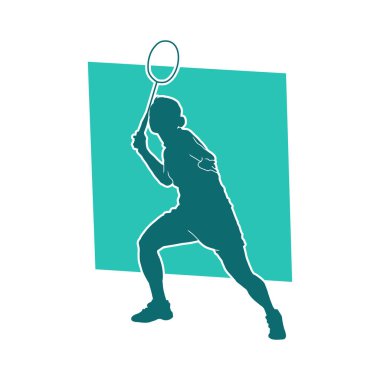 Badminton sporu yapan zayıf bir bayan sporcunun silueti. Bir kadın badminton oyuncusunun silueti..