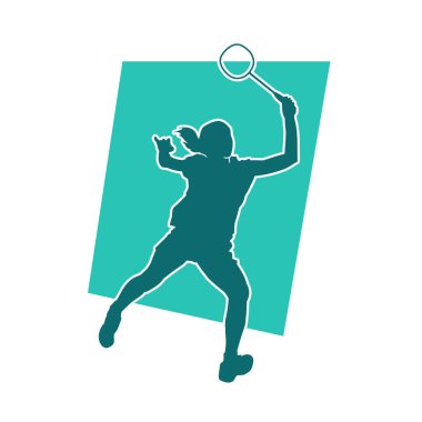 Badminton sporu yapan zayıf bir bayan sporcunun silueti. Bir kadın badminton oyuncusunun silueti..