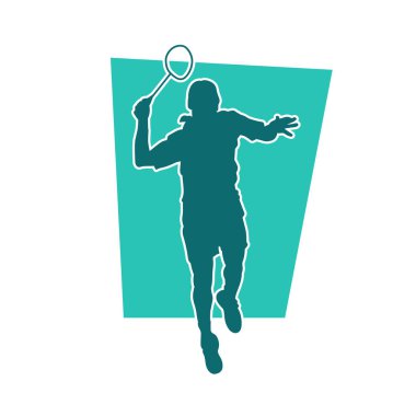 Badminton sporu yapan zayıf bir bayan sporcunun silueti. Bir kadın badminton oyuncusunun silueti..