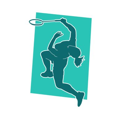 Badminton sporu yapan zayıf bir bayan sporcunun silueti. Bir kadın badminton oyuncusunun silueti..