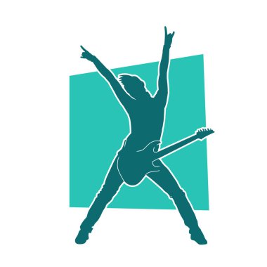 Elektro gitar çalan bir müzisyenin silueti. Bir erkek gitaristin silueti.