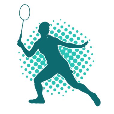 Badminton sporu yapan zayıf bir bayan sporcunun silueti. Bir kadın badminton oyuncusunun silueti..