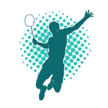 Badminton sporu yapan zayıf bir erkek atletin silueti. Badminton oynayan bir adamın silueti..